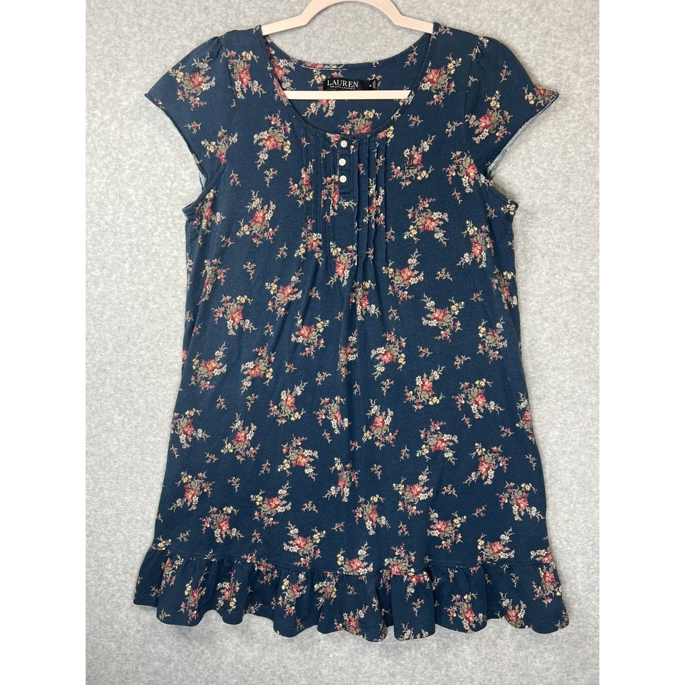 Lauren Ralph Lauren M Blue Floral Nightgown Ruffle Hem Cotton Viscose LRL (40,2)